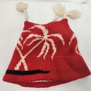 Smiley Red Three Pointed Pom Pure Wool Ski Cap Beanie Hat Vintage